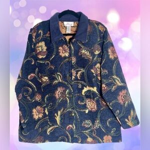 Susan Graver Jacket / Shacket Sz 2X Navy Blue Chenille Floral Tapestry